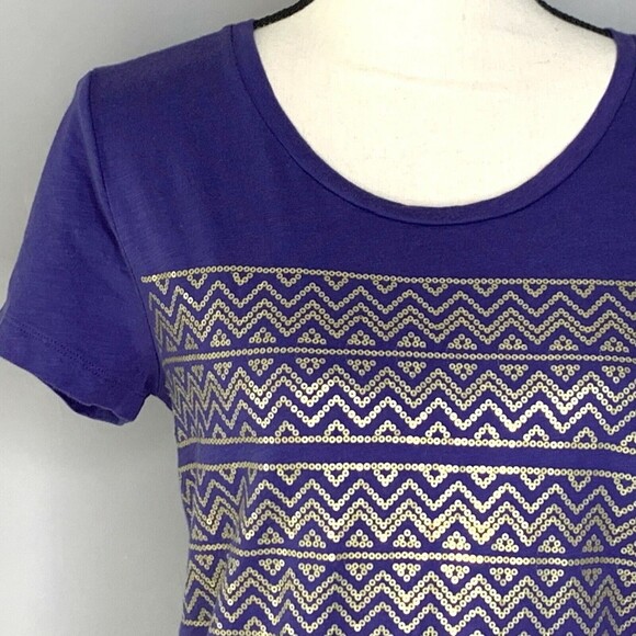 J Crew Geometric Gold Sequin Tee Shirt Women Small Purple - Picture 2 of 9